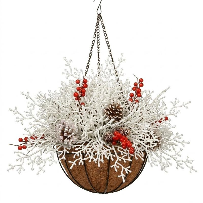 Weihnachts-Hängekorb Blumentopf Baum Halbkreisförmig Pilz Rattan Kiefernadeln Rote Früchte Band Dekorative Weihnachtsdekorationen