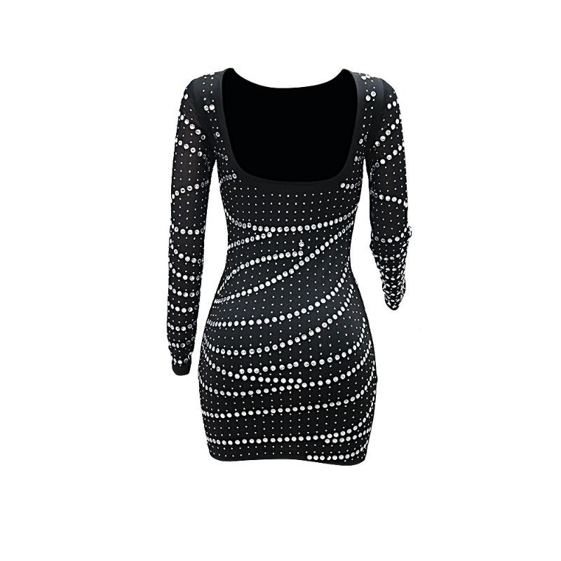 Women's Sexy Round Neck Long Sleeve Hot Drill Bag Hip Party Dress Fashion Halter Short Dress