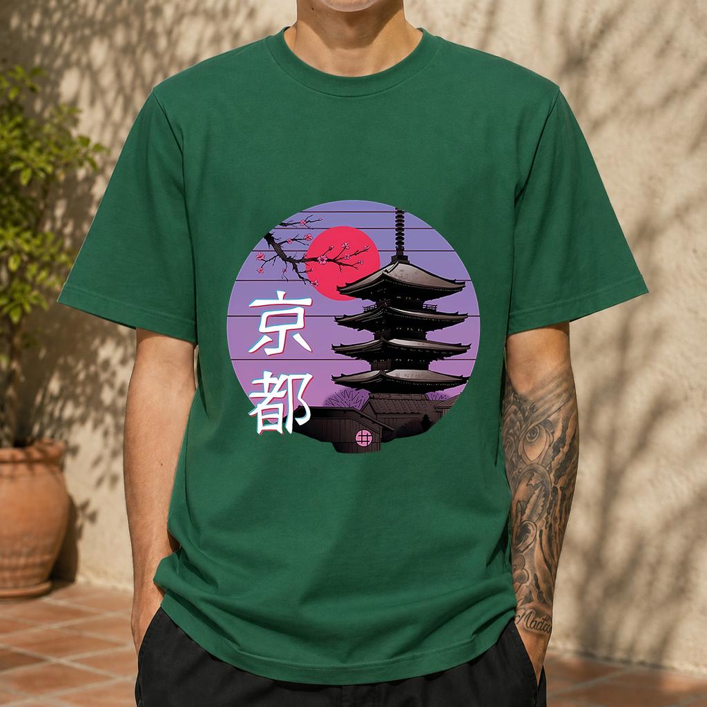 2026 New Cotton Tshirt Japanese Kyoto Fivestory Pagoda Cherry Blossom Sunset Retro Japanese Style Printed Round Neck Top Casua