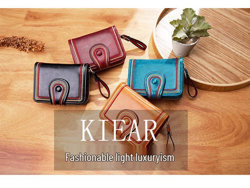 Women's Retro Oil Wax Leather Accordion Wallet with Multi-Card Slots and Zipper
