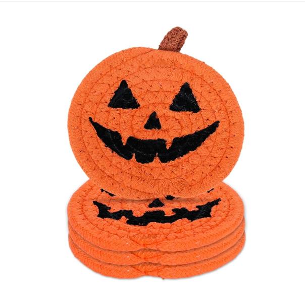 4 Piece Halloween Pumpkin Shaped Coasters Cotton Rope Woven Tabletop Decoration Heat Resistant Bowl Plate Mats Coffee Cup Coasters Set