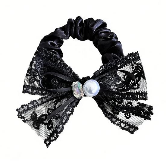Hair Rope High Elasticity Lace Ribbon Bow Imitation Pearls Rhinestones Decor Hair Tie