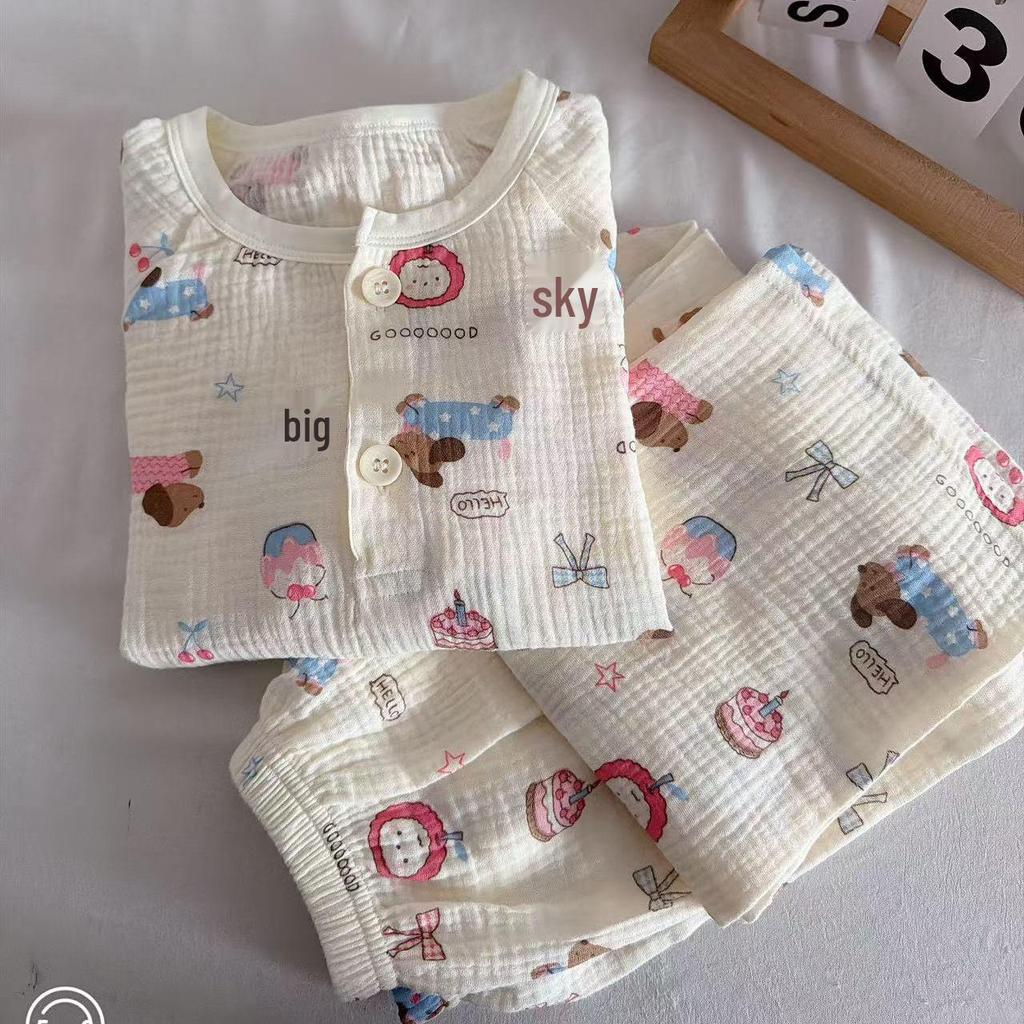 Children's 100% Cotton Gauze Pajama Set for Spring/Summer - Loose, Thin Long Sleeve for Boys and Girls