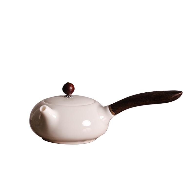 200ml Sheep Fat Jade Porcelain Wooden Handle Side Handle Teapot Ceramic Kung Fu Tea Set
