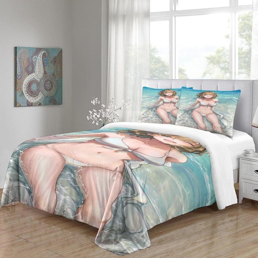 Vollständiges und sexy Mädchen Bettlaken Set 3D gedrucktes Anime Mädchen, Kindermädchen, Junge, Erwachsener Daunen Bettbezug und Kissenbezug Reißverschluss, weich ultra