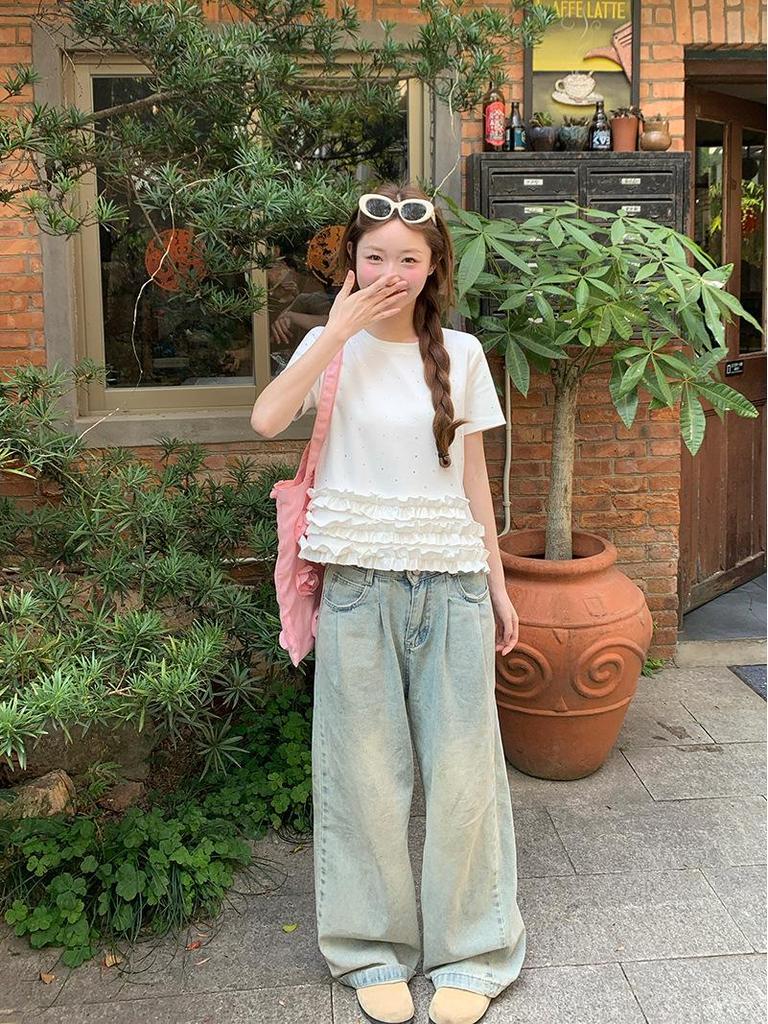 White Sequined Ruffle Short Sleeve Women's T-shirt - European Summer 2025 Edition