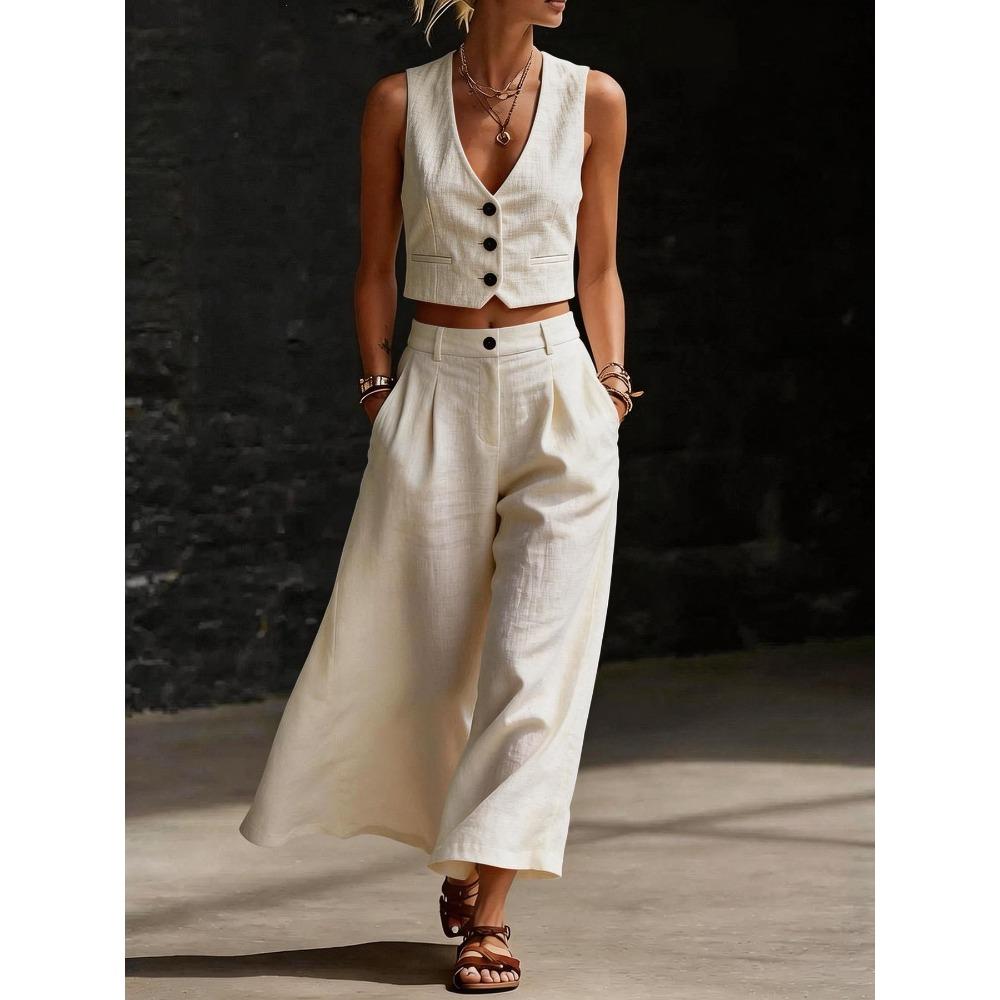 Completo Due Pezzi da Donna Vestibilità Larga Canotta Senza Maniche Scollo a V Pantaloni a Gamba Larga Vita Alta