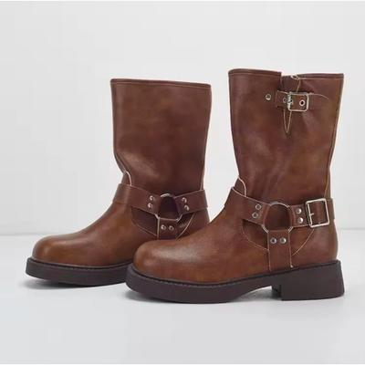 Platform Cowboy Boots Women Shoes Fashion Slip On Mid Heel Bota Ladies Retro Mordern Bootties