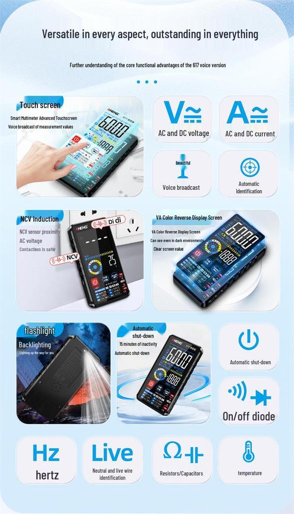 ANENG Smart Voice Multimeter with Touchscreen & Color Display for Electricians - Model 615/617