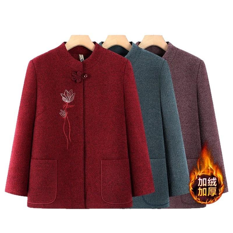 New medium-sized elderly mother jacket velvet grandma autumn and winter clothing thickened woolen clothes festive old lady Tang clothing