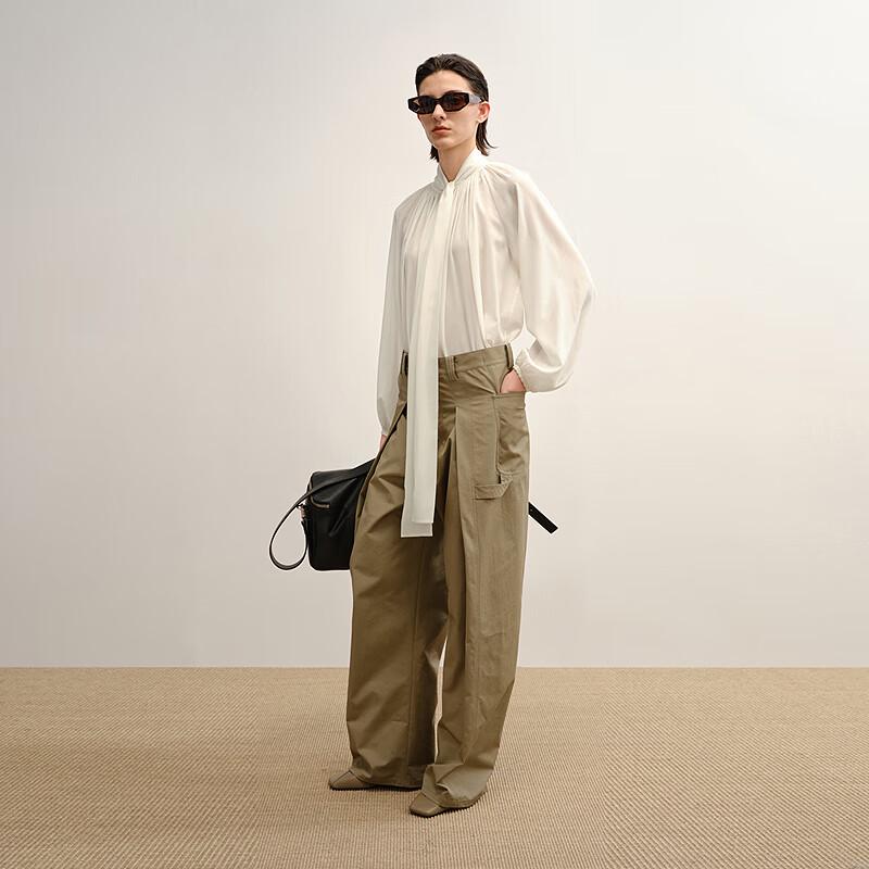 LESS 2025 Fall H-shaped Tie-neck Loose Long-sleeved Silk Blend Shirt