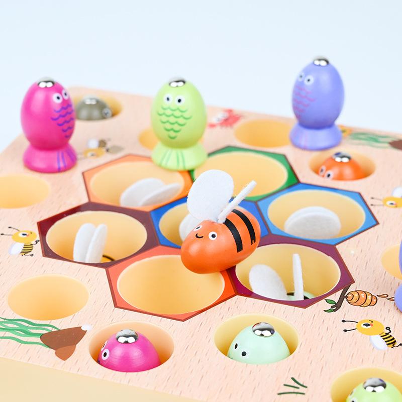 Wooden Children's Multi-functional Clip Bee Fishing Match Table Game Parent-child Focus Logical Thinking Toy