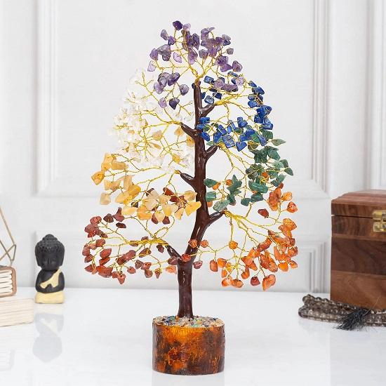 7 Chakra Crystal Tree of Life: Golden Wire Gemstone Healing Decor