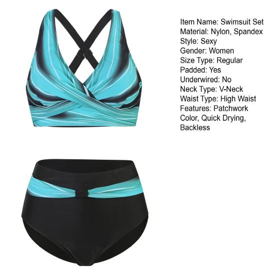 2Pcs/Set Women Swimsuit Set Push-Up Padded Tops High-Waist Swimming Trunks Set Patchwork Color Bikini Set