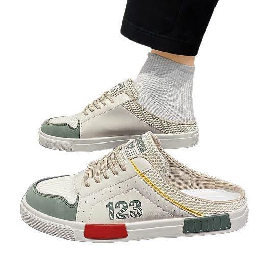 Half Slippers Men's Summer Breathable Hollow Mesh Lazy One Pedal Heelless Office Large Size Bag Head Slippers