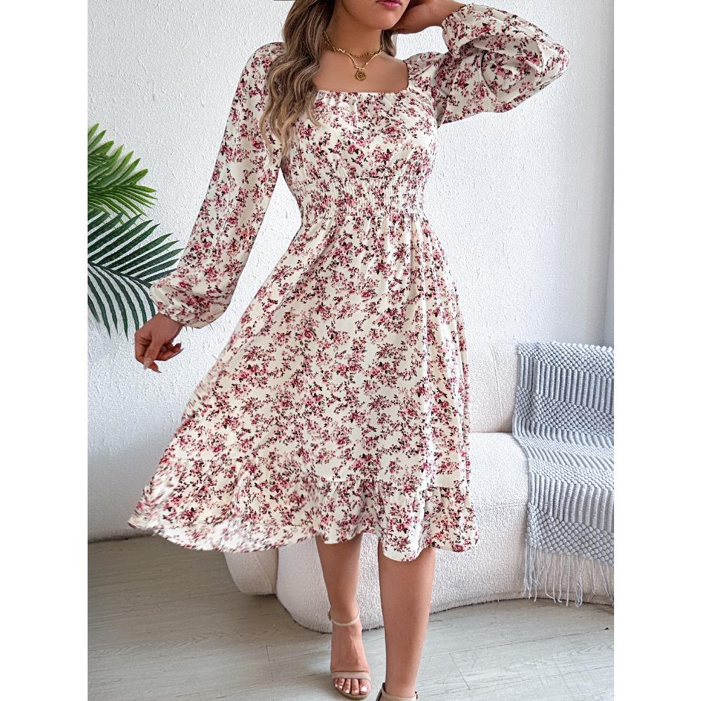 Fashion Women's Dresses Elegant Floral Square Neck Long Sleeve Waisted Ruffle A-line Dresses