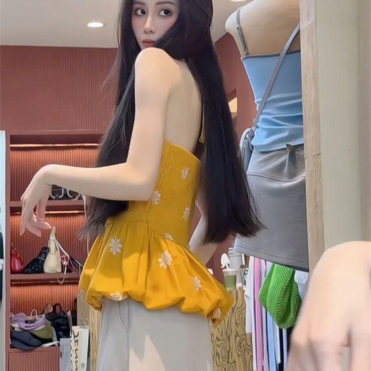 Korean yellow floral neck sling vest women's summer new outer wear Spice Girl backless sleeveless bud top