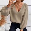 Suéter de Punto de Cuello en V para Mujer Color Sólido Otoño Nuevo Estilo Manga Larga Casual Suelto Top con Lazo para Mujer
