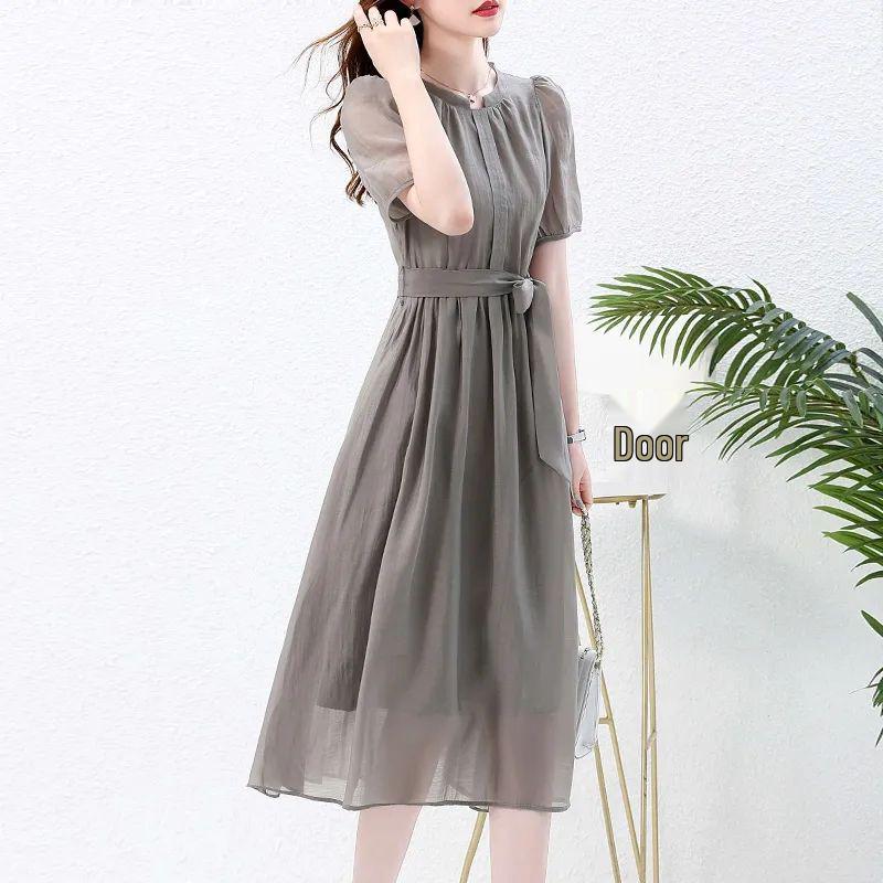 Women s Elegant Grey Summer Dress 2025: Slimming, Waist-Cinching, and Flattering M (90-105 jin) серый