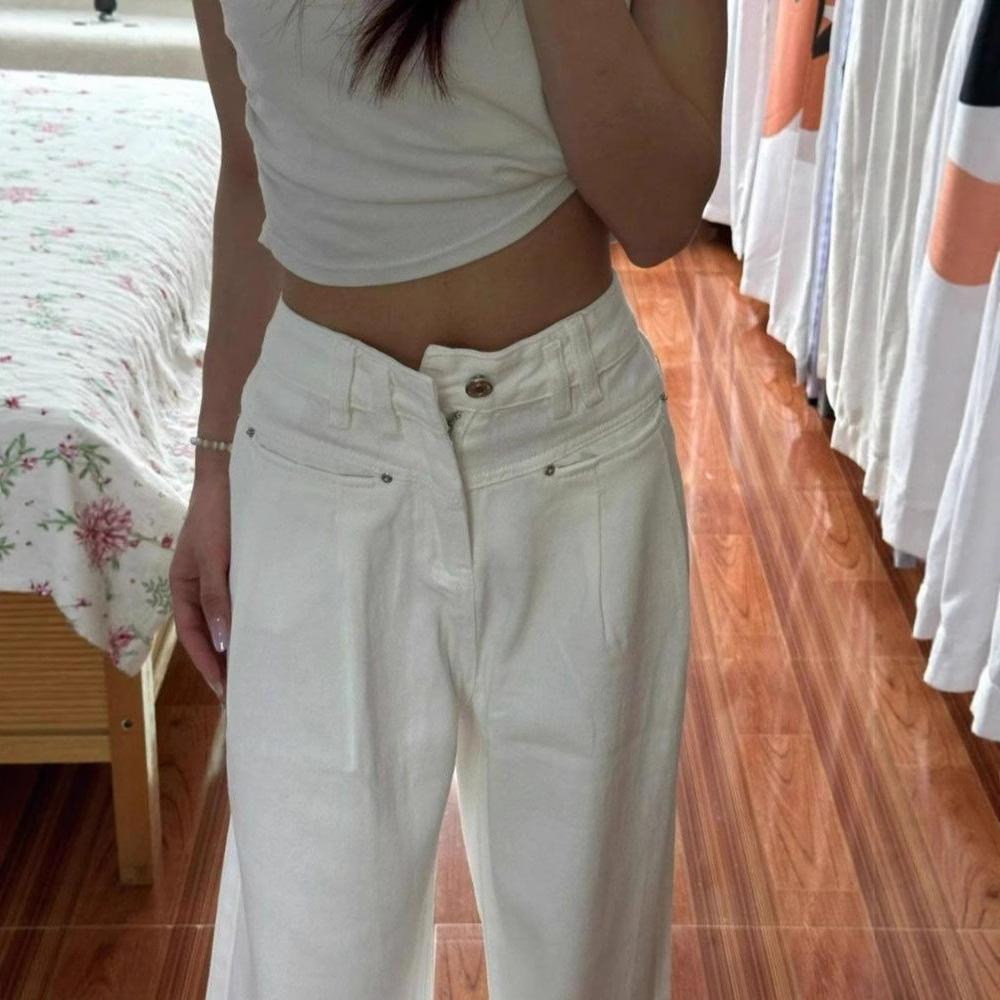 Modische Bequeme Peplum Weiße Jeans Damen Jährlich Hohe Taille Locker Schleppend Drapierte Weitbeinige Hosen Jeans für Damen Lange Denimhosen