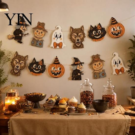 Halloween Party Supplies 12Pcs Vintage Decor Wood Banner, Retro Hanging Banner Garland, Bunting Holiday Fireplace Ornaments Decorations, Spooky
