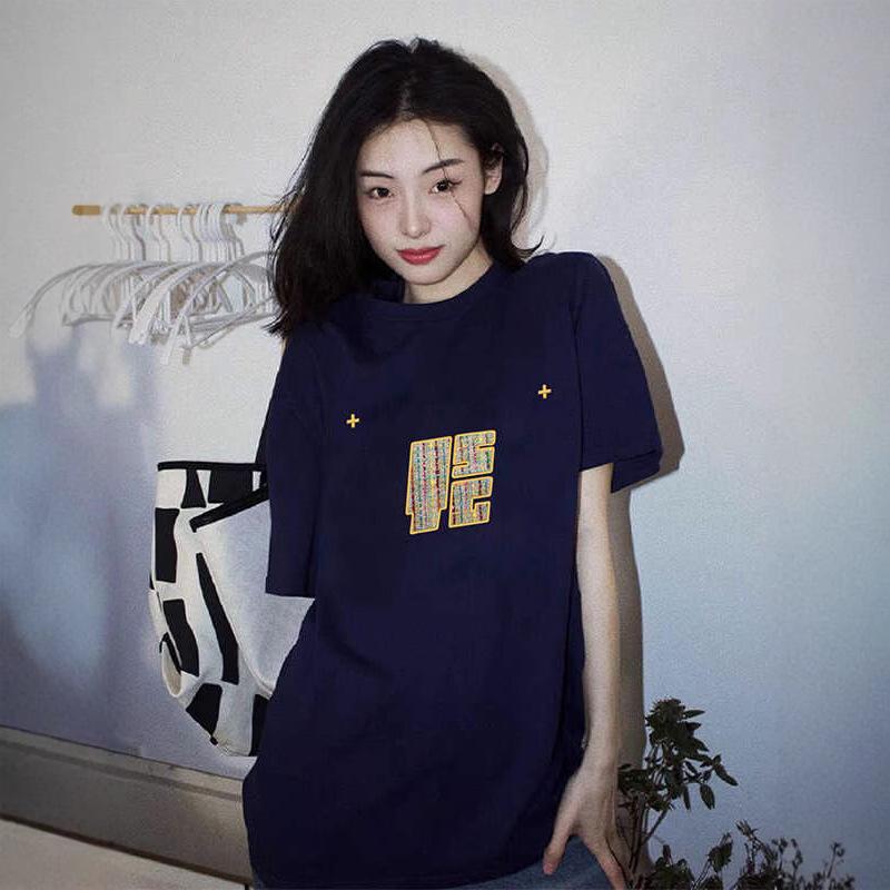 Plus Size Navy Blue Retro Cotton T-Shirt for Women - Summer Half-Sleeve Trendy Top