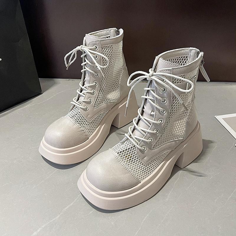 Summer New Women's Ankle Boots Breathable Mesh Lace-up Chunky Platform Style Belt Buckle Back Zipper Sandals for Ladies