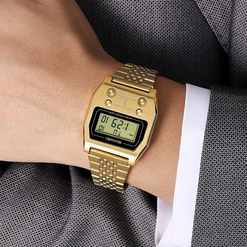 Herren Armbanduhren Edelstahl Sport Luxus Retro LED Elektronische Wasserdichte Digitaluhr