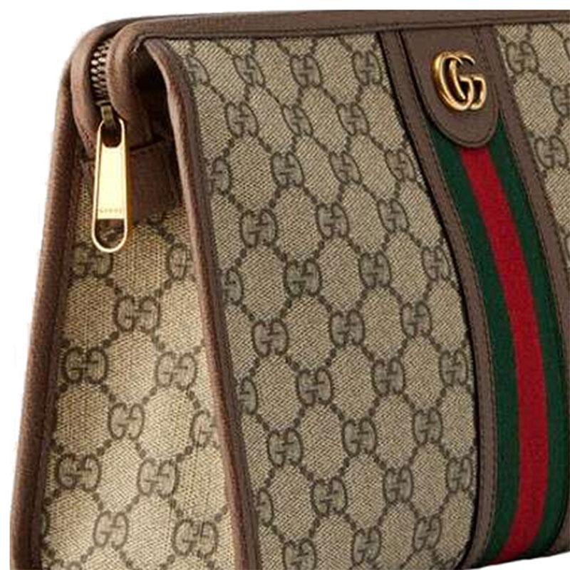 Gucci Ophidia distressed old flower logo striped webbing canvas patchwork toiletry bag clutch men's ebony/brown