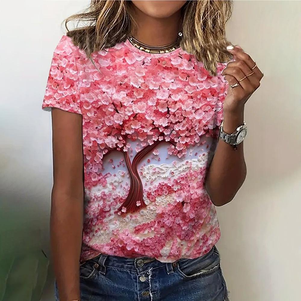 Casual and Versatile High-quality Flower Patterned Short Sleeved Round Neck Women's T-shirts