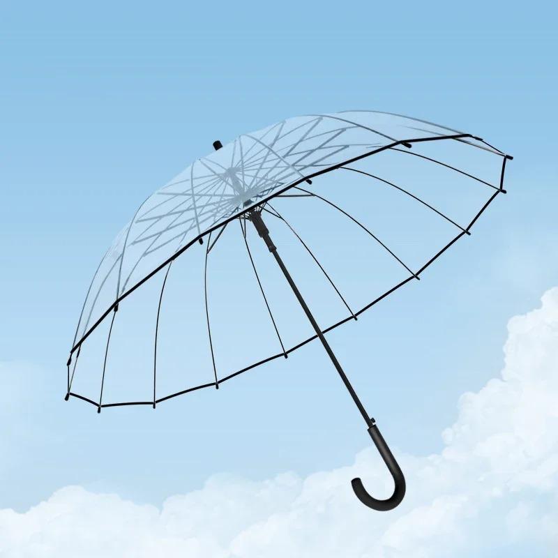 Transparent Umbrella Windproof Strong 16 Ribs Long Handle Rain Umbrella for Women Semi-automatic Big Umbrella