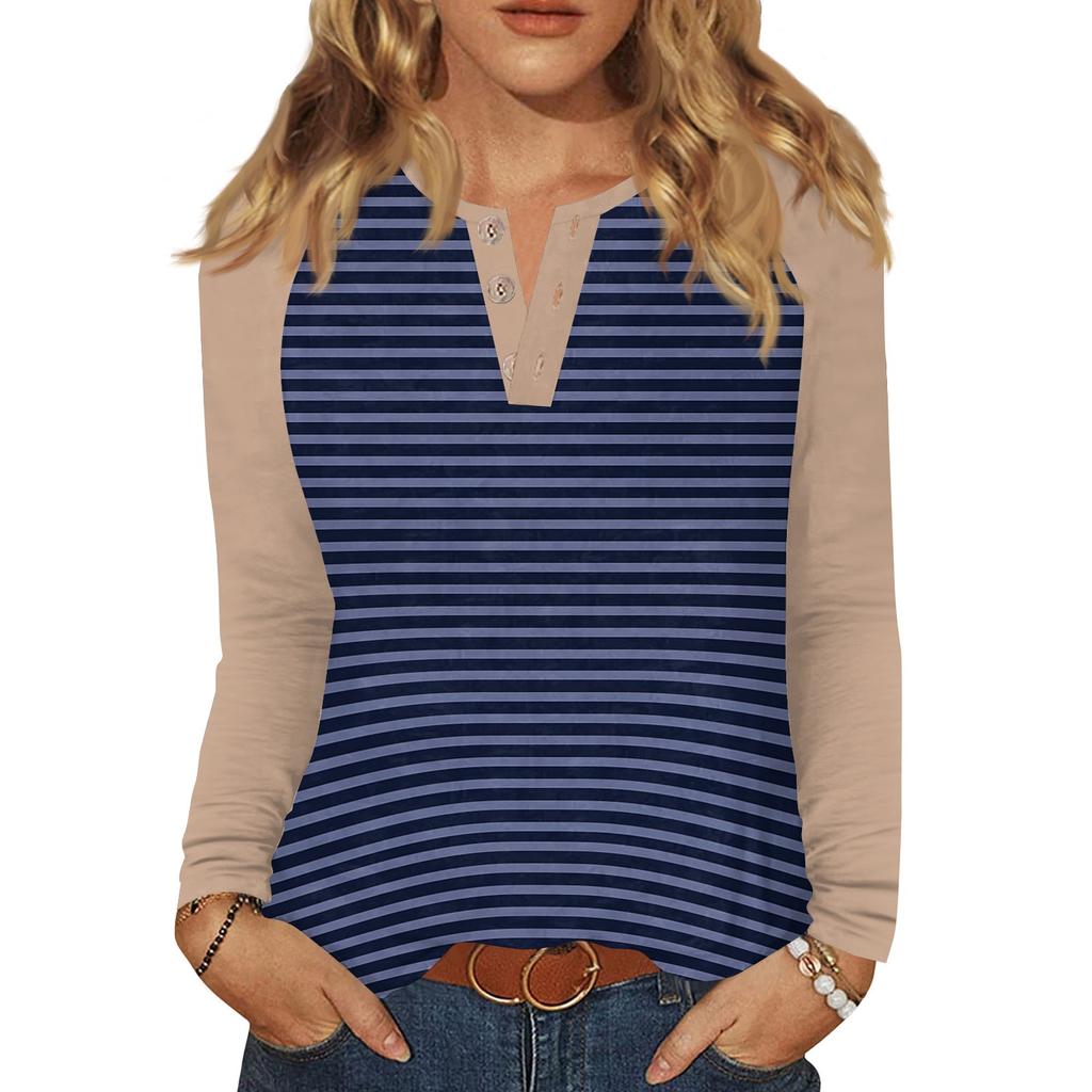 Damen T-Shirt Print Knopf Langarm Täglich Wochenende Mode Basic V-Ausschnitt Regulär Oberteil