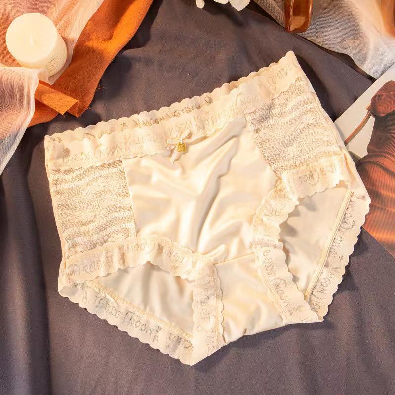 Women's Seamless Satin & Lace Mid-Waist Panties - Light Luxury, Breathable, Abdomen Control, Hip Lift, Cotton Crotch