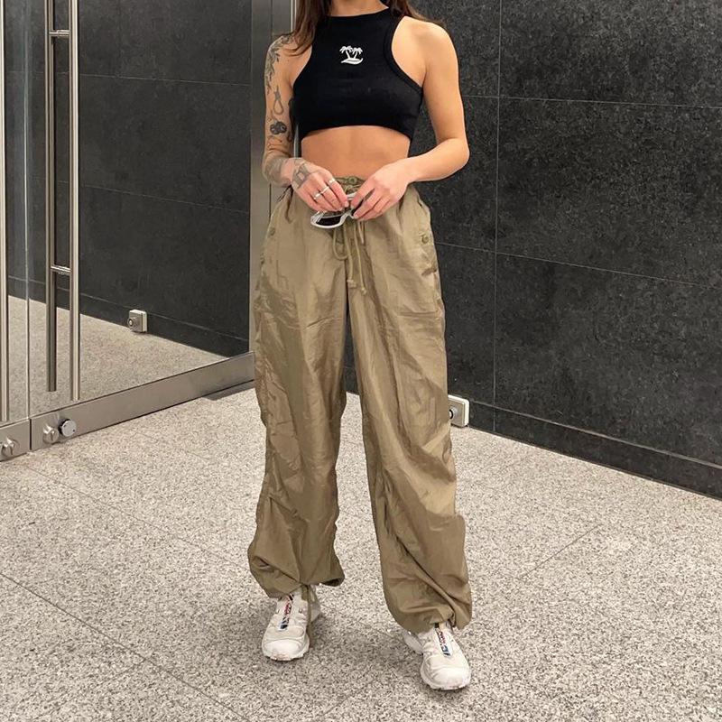 Women Summer Solid Color Elastic Waist Belt Wide Leg Casual Lace Up Straight Pants Female Fashion Tethered Leggings Trousers