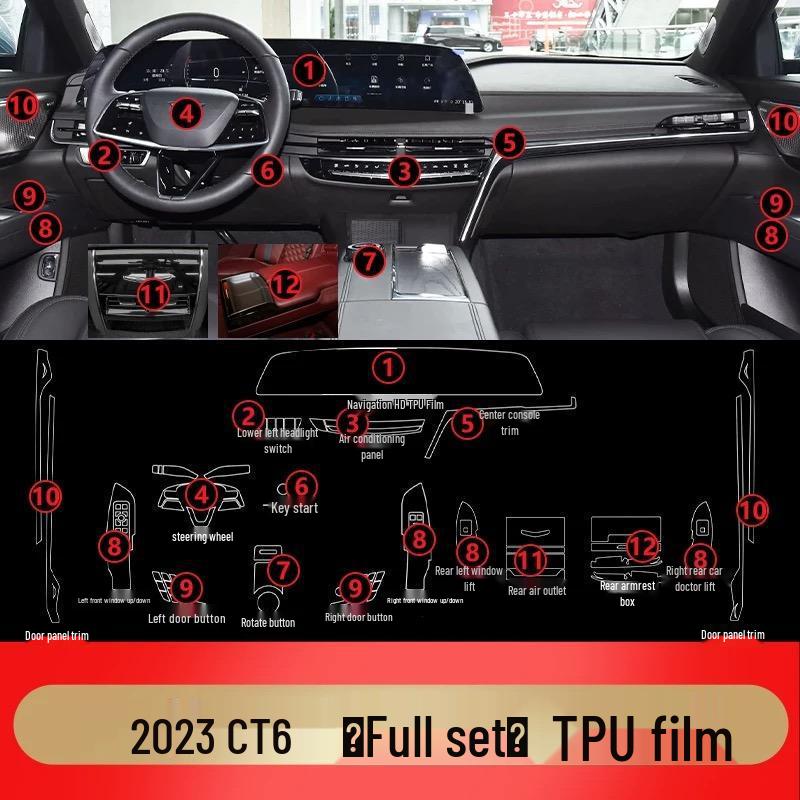 New Cadillac CT6 Interior TPU Protective Film: Center Console, Gear Shift, and Navigation.