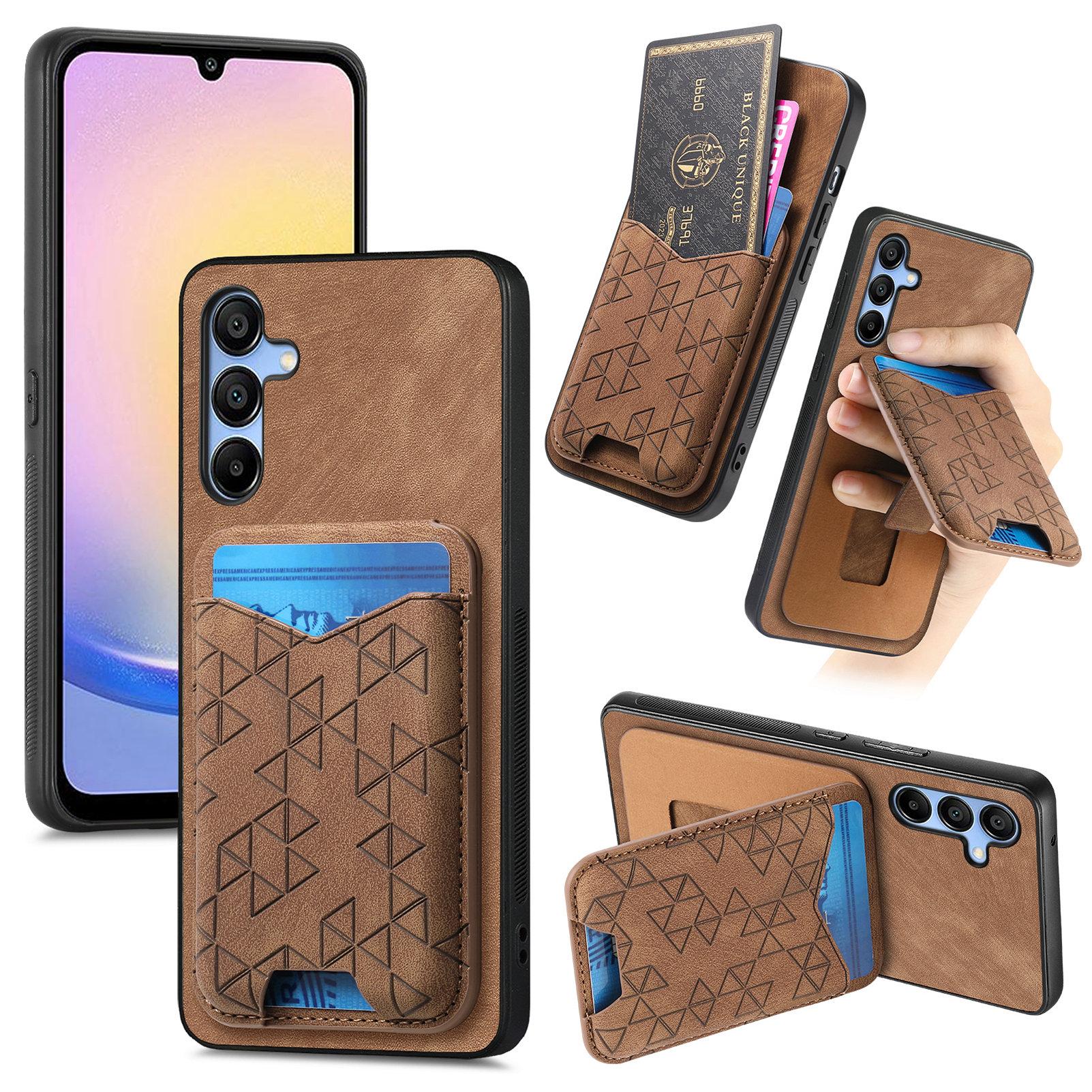 

For Samsung Galaxy A15 4G/5G Case Imprinted Pattern Card Holder Kickstand Leather Back Cover Brown