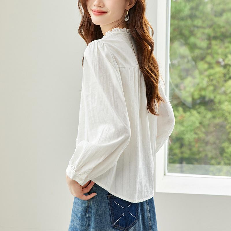 Lace Round Neck Long Sleeve Blouse for Women In Spring Latest Style Simple Commuting Versatile Comfortable Fit Leisure Top for Women