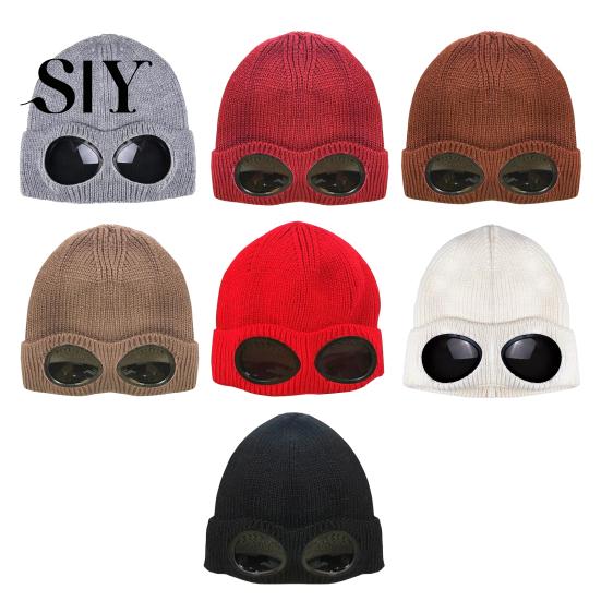 Outdoor Winter Hat Knitting Solid Color Warm Knitted with Glasses Decor Elastic Windproof Travel Cycling Daily Wear