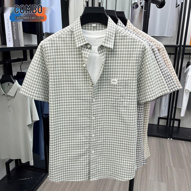 Men s Pure Cotton Plaid Short Sleeve Shirt 56/3XL