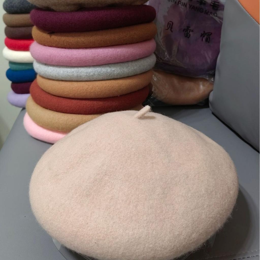 Pure wool beret for women, pink beret, autumn and winter Korean and Japanese style artist hat, black British style, large head circumference