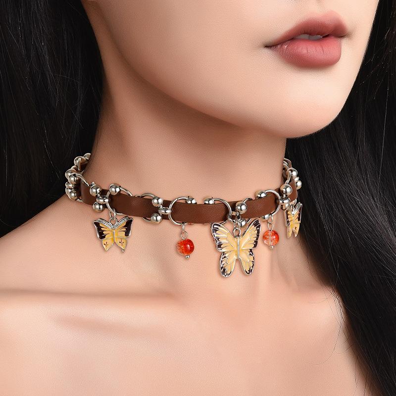 Black Aunt Jewelry Choker Versatile Trendy American Hottie Brown Butterfly Ring Leather Necklace Female