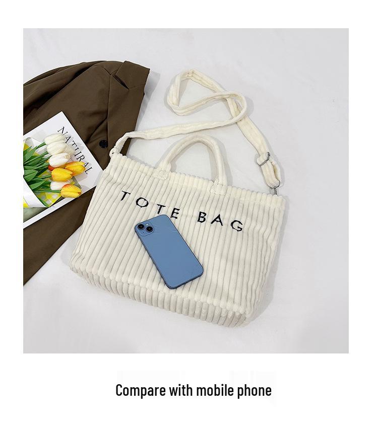 Women's 2025 Fashionable Corduroy Tote Bag with Letter Embroidery - Trendy Single Shoulder Handbag