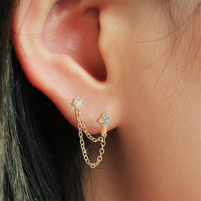 Huitan Fashion Double Piercing Tassel Earrings for Women Simple Stylish Design Versatile Lady Drop Earrings with CZ Jewelry