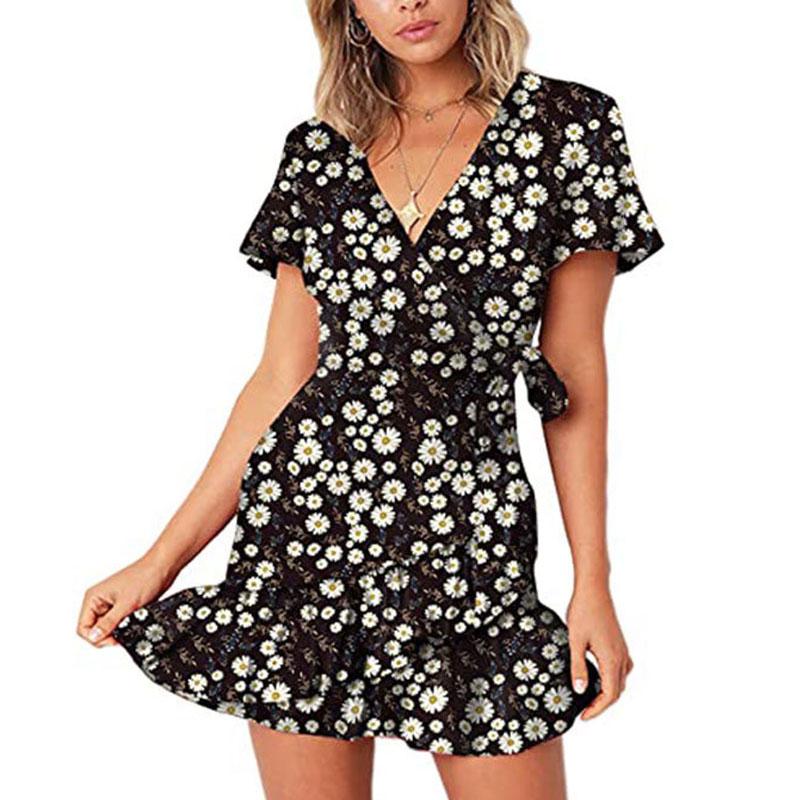 Summer V-neck Printed Short-sleeved Skirt, Lace-up Ruffled Dress, Fashionable, Sexy, Elegant and Generous Ladies Long Skirt