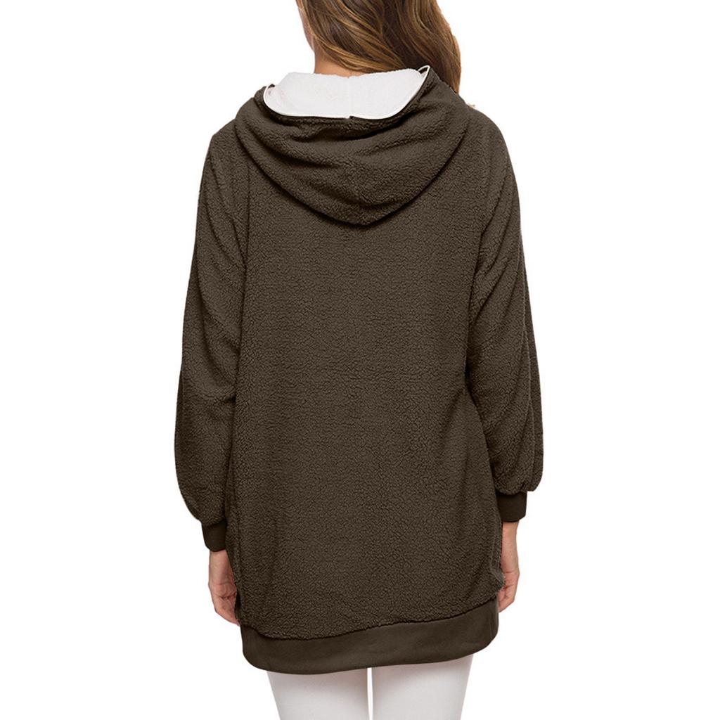 Damenmode Casual Solide Kapuze Reißverschluss Lamm Fleece Mantel Strickjacke Pullover