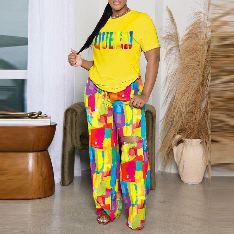 

New Casual Printed Short Sleeved Wide Leg Pants Set Khaki XXL