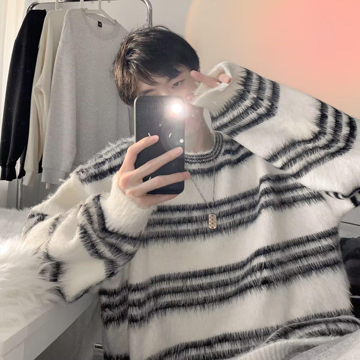 Men s Striped Sweater: Autumn/Winter Loose Fit Faux Mink Velvet Knitwear L