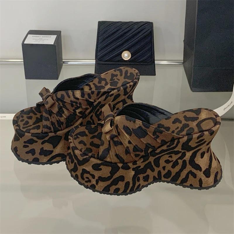 Eilyken Summer Street Style Sexy Leopard Print Butterfl-Knot Slippers Women's Platform Wedges Heels Shoes Zapatos De Mujer