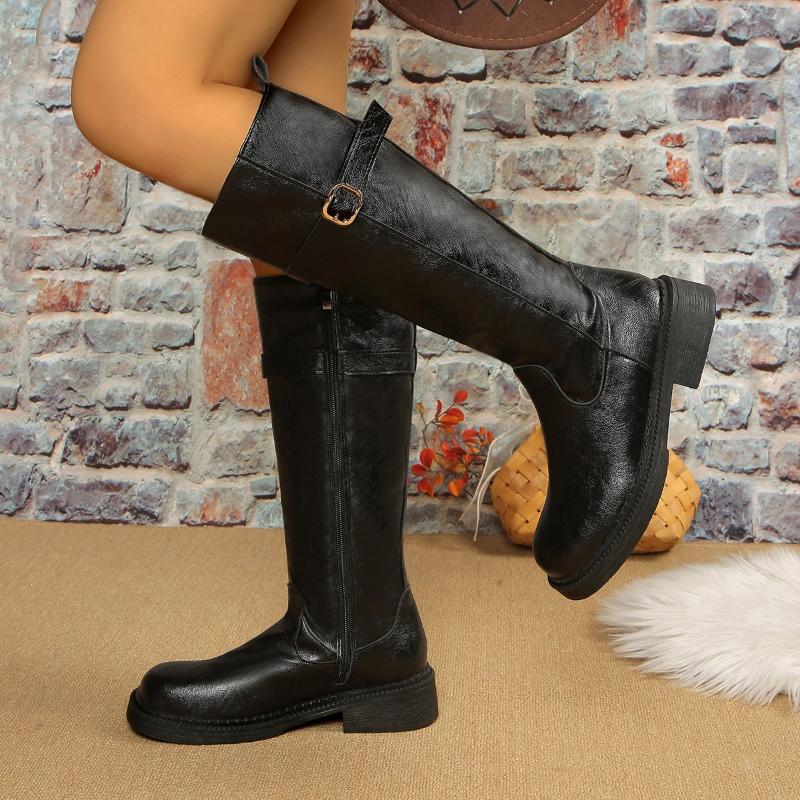 Vintage Black Women Knee High Boots Big Size Low Heels Platform Long Boots Autumn Winter Pu Leather Zip Women Warm Booties