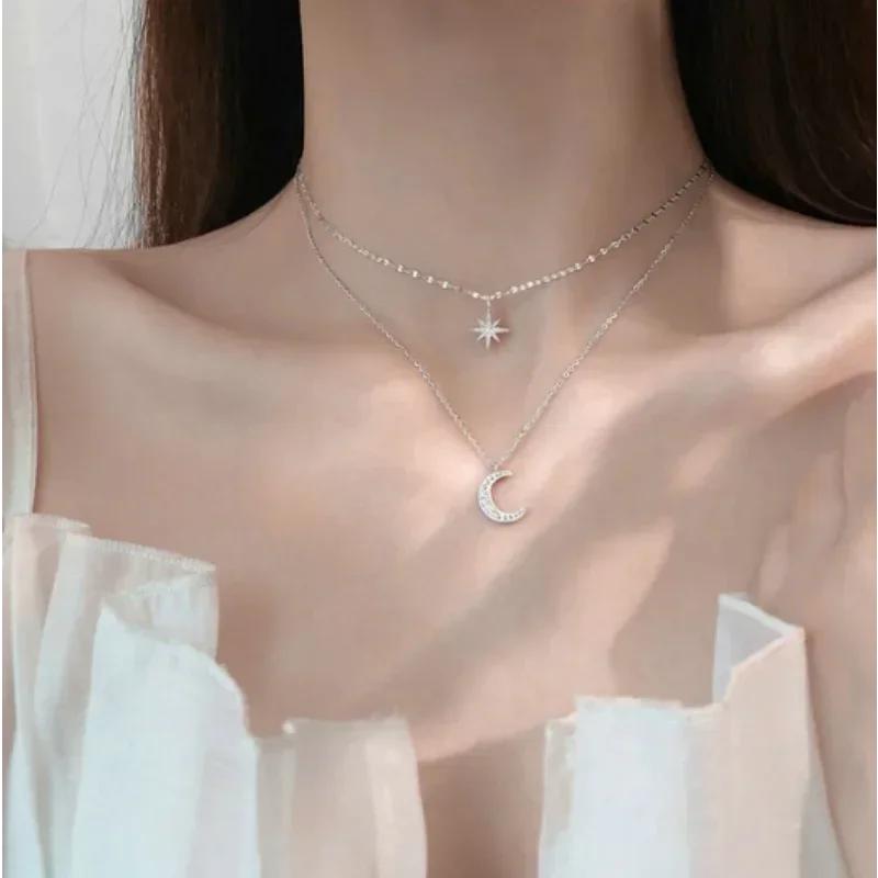 925 Silver Necklace for Women Double Layer Zircon Star Moon Pendant Necklace Delicate Chain Charm Elegant Fashion Jewelry Gifts